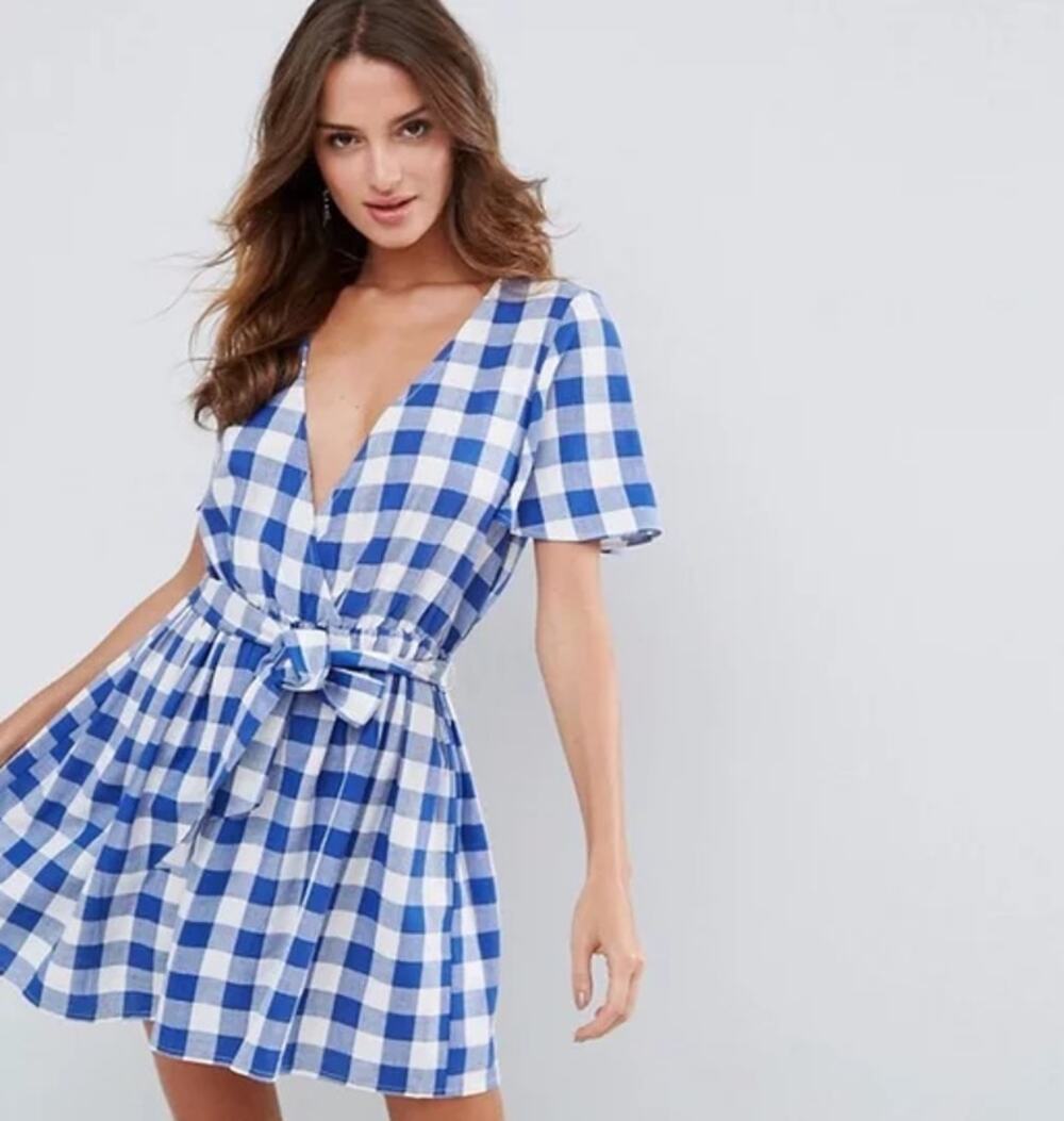 ASOS Swim Blue White Gingham Mini Dress Cover Up Cottagecore Picnic Dress